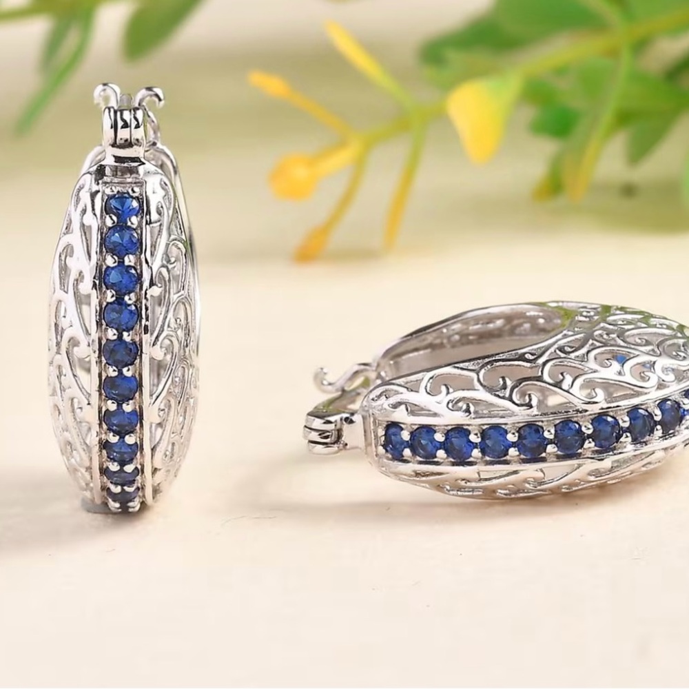 Karis Simulated Blue Diamond Hoop Earrings 1.20 CTW Platinum Bond